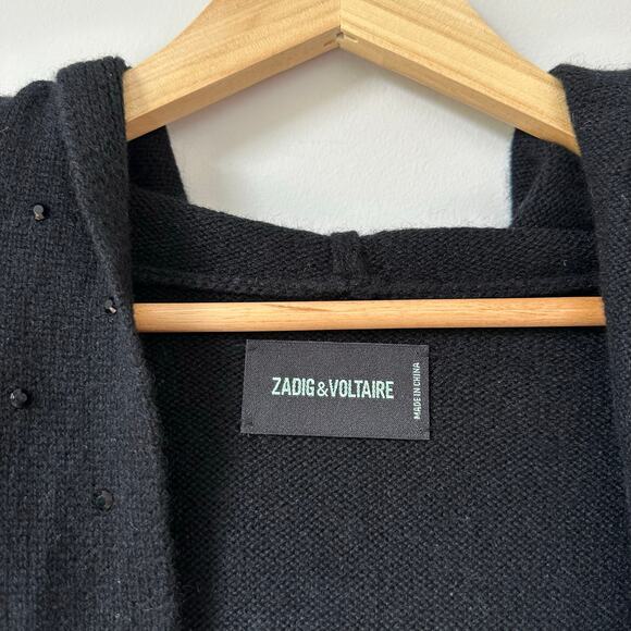 Zadig & Voltaire Cosany Rhinestone Embellished Hooded Cashmere Cardigan Black - Picture 5 of 11